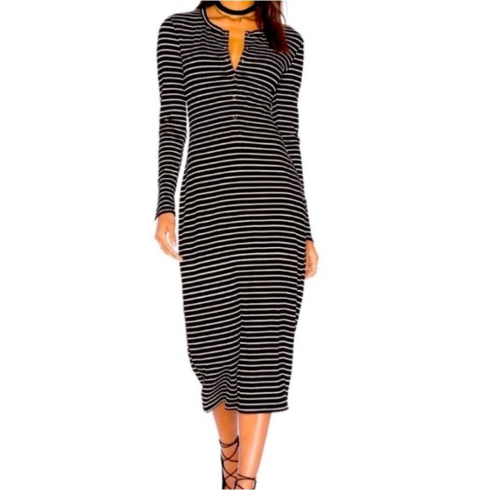 Privacy Please Black White Striped Long Sleeve Dress Small Ribbed Stretchy Midi